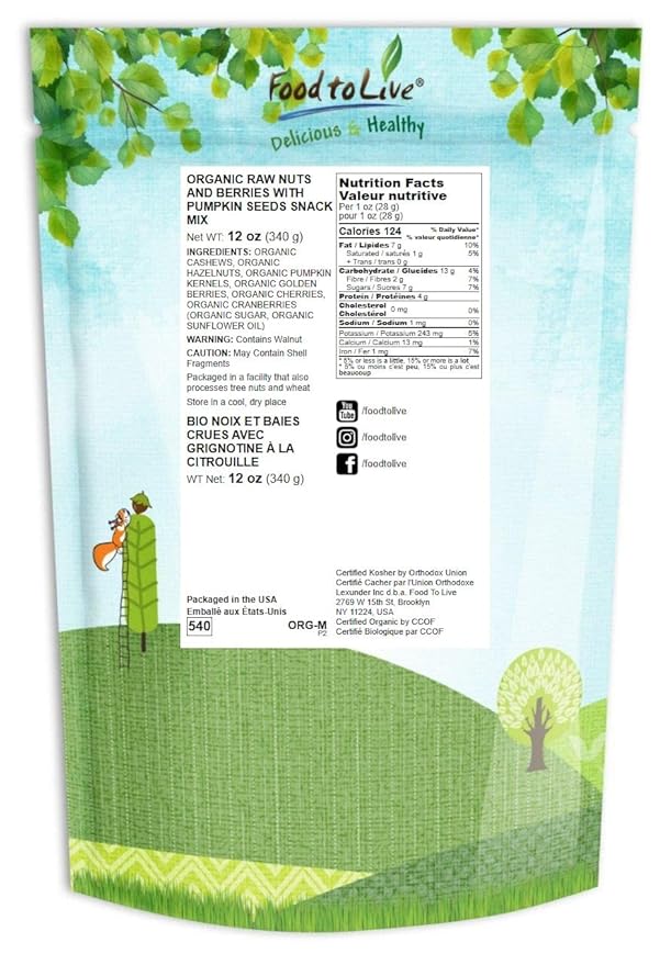 Food to Live - Organic Snack Mix, 12 Ounces - Raw Nuts and Berries with Pumpkin Seeds, Non-GMO, Non-Irradiated, Kosher, Vegan Superfood, Bulk, Great Trail Mix, Rich in Natural Antioxidants