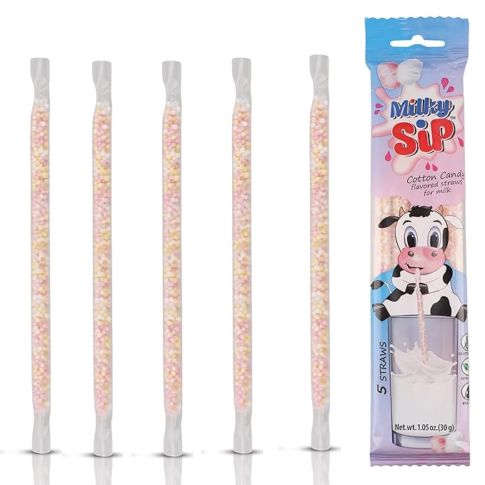 20 Milky Sip Cotton Candy Flavored Straws For Milk - 4 Packs of Milk Flavoring Straws, 5 Straws in Each. Magical Cotton Candy Flavor Makes Children Eager, Want and Love to Drink Milk