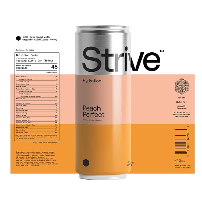 Strive Soda Peach Perfect - Sparkling Hydration Soda with Electrolytes & Organic Honey - Peach & Lemon Naturally Sweetened Drink - No Artificial Sweeteners or Preservatives - 12 Pack Cans