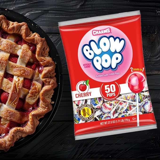 Charms Blow Pop Single Flavor Bag - Cherry Flavored Lollipops with a Bubble Gum Center - Individually Wrapped Hard Candy - Red Candy - Peanut Free, Gluten Free, 50 Count (Pack of 1)