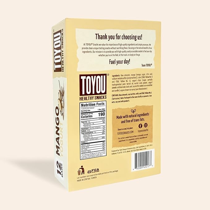 ToYou Gluten Free Chewy Fruit and Nut Bars - Healthy Protein Snacks | Mango Yogurt - 1.41 Ounce (Pack of 12) | Soft Chewy, Fiber-Packed Granola Bars for Adults and Kids, Made with Natural Ingredients