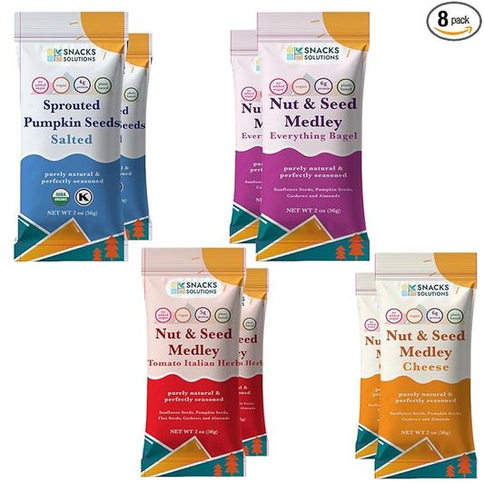 Snacks Solutions Nut and Seed Medley (2 oz - Pack of 8, Variety Pack) Natural and Perfectly Seasoned, Sunflower Seeds, Pumpkin seeds, Cashews and Almonds, Kosher and Gluten Free