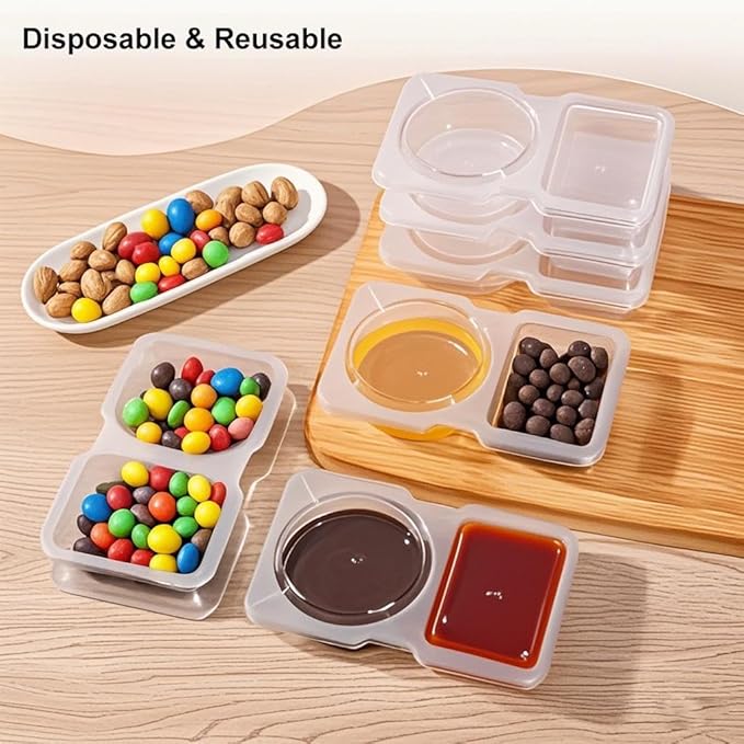 CJT 48 sets Double Compartment Condiment Container with Lids, Disposable 2 Compartment Sauce Containers Clear Plastic Snack Container with labels for to-go Sauce, Travel Snack