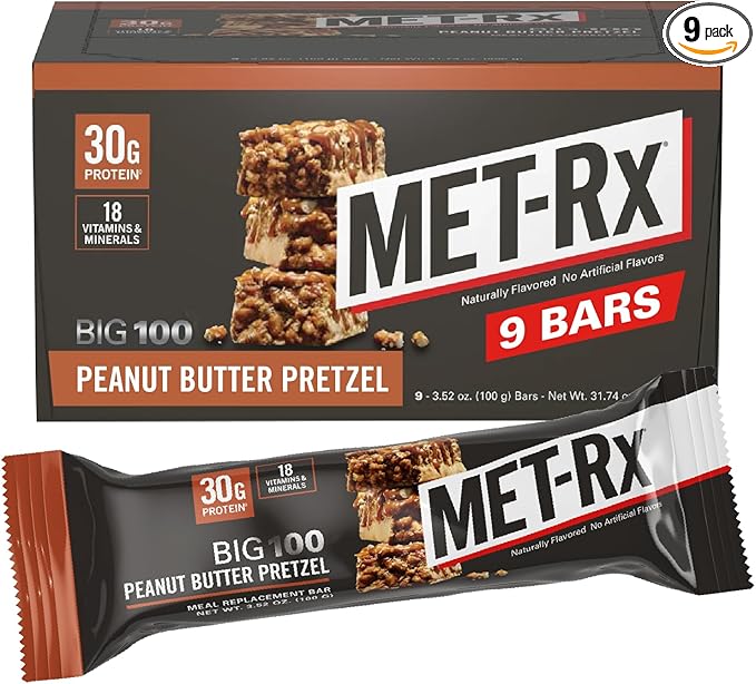 MET-Rx Big 100 Colossal Protein Bars, Great as Healthy Meal Replacement, Snack, and Help Support Energy, Peanut Butter Pretzel, With Vitamin A, Vitamin C, and Zinc, 100 g, (Pack of 9)