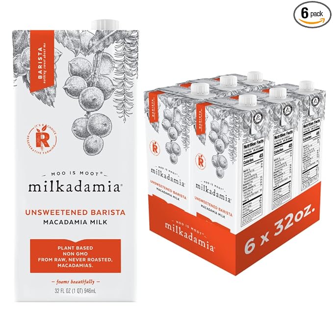 Milkadamia Unsweetened Barista Macadamia Milk, Plant-Based, Kosher, Gluten Free & Non-GMO, 32 Fluid Ounce (Pack of 6)