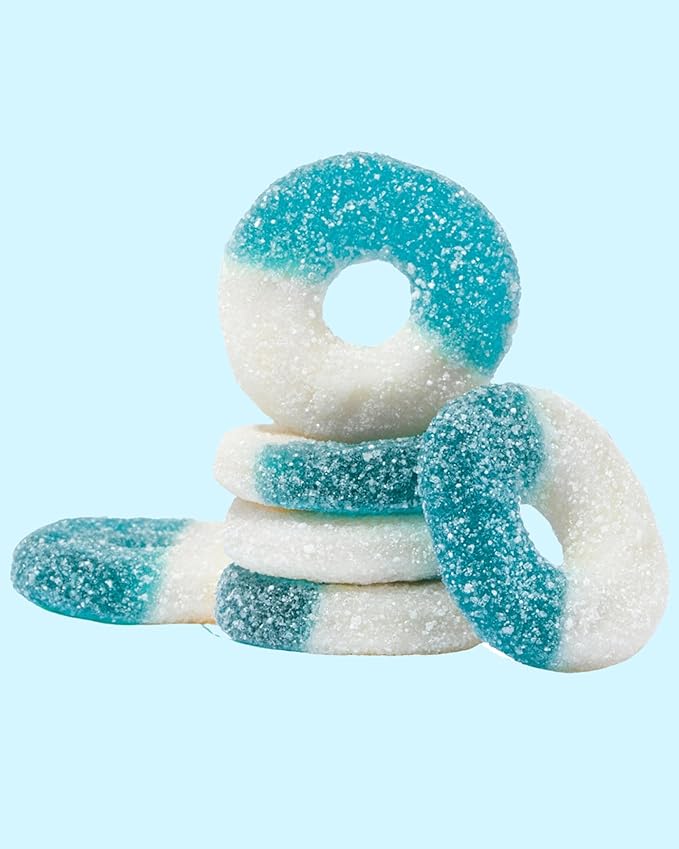 Blue Raspberry Flavored Gummy Rings -Fresh, Soft, and Chewy Sugar Dusted Gourmet Candy Ring Blue Gummies (1 Pound)