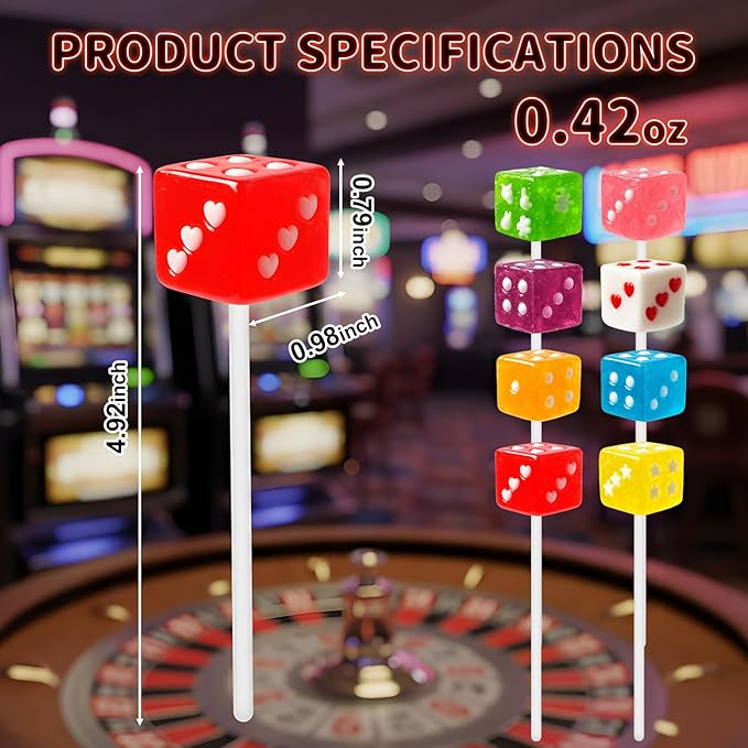 EORA Dice Shaped Lollipops Candy, Casino Themed Candy Suckers Individually Wrapped Lollipops Bulk, 8 Colors + 8 Flavors Bunco Party Supplies, Vegas Style Old Fashioned Square Cube Dice Pops Suckers