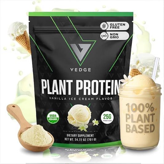VEDGE Vegan Protein Powder - Plant Protein Powder with Pea, Pumpkin & Sunflower - USDA Organic, Amino Acids, Dairy Free, Gluten Free, Soy Free, Keto, Non GMO, Smooth Texture - Vanilla - 20 Servings