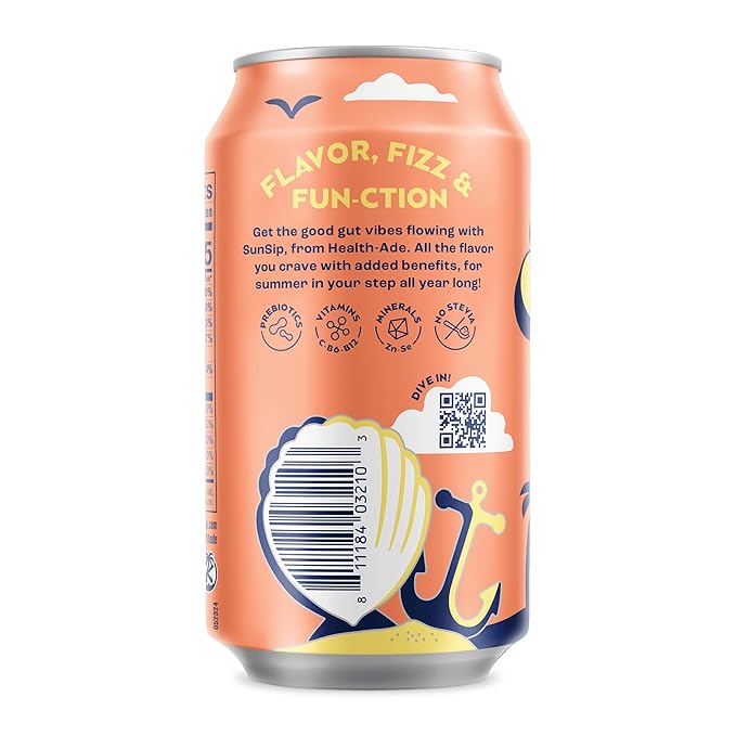 SunSip Prebiotic Soda by Health-Ade, Gut-Healthy Beverage, Soda Swap, Vitamins & Minerals, Naturally Sweetened with 5g of Sugar, Peach, 11.5 oz (12 Pack)