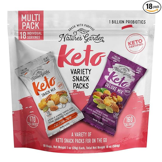 Nature’s Garden Keto Variety Snack Packs – Keto Snack Mix, Keto Deluxe Mix, Heart Healthy Nuts, Probiotic Cheese Balls, Mixed Nuts, Gluten-Free, Energy Boost, Healthy Snacks– 1 Oz Bags (18 Individual Servings)