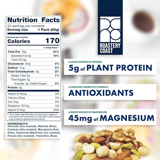 Roastery Coast - Daily Nuts Original Mixed Nuts | Mixed Nuts Packs | Individually wrapped snacks | Unsalted | Nut Snacks | No peanuts | Deluxe assorted snack (22 Packs)