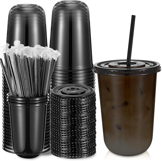 Ziliny 50 Sets Clear Plastic Cups with Lids and Straws, Disposable Iced Coffee Cups Drinking PET for Cold Drinks, Juice, Smoothie, Coffee Shops, Party, Christmas(Black,16 oz)