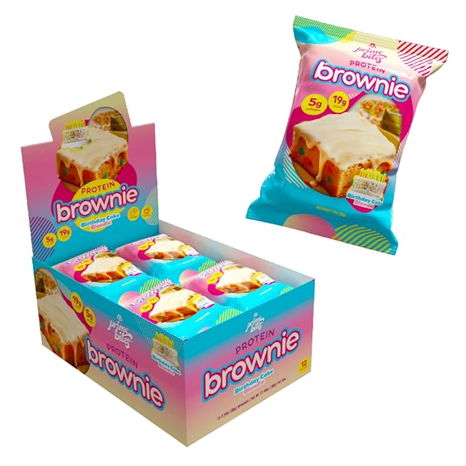 Prime Bites High Protein Brownie (12 Per Box, Birthday Cake Blondie) - 19g of Protein, 5g of Collagen, Gluten Free, Low Sugar Treat, Delicious Protein Snack
