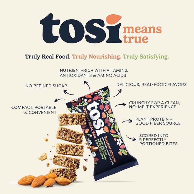 Tosi Meal Nut Bars, Almond, Healthy Snacks for Adults & Kids, Crunchy Plant Based Protein Bar (14G), Keto Snacks, Vegan, Gluten & Soy Free, Low Sugar, Omega 3s, 2.4oz, 12-Pack