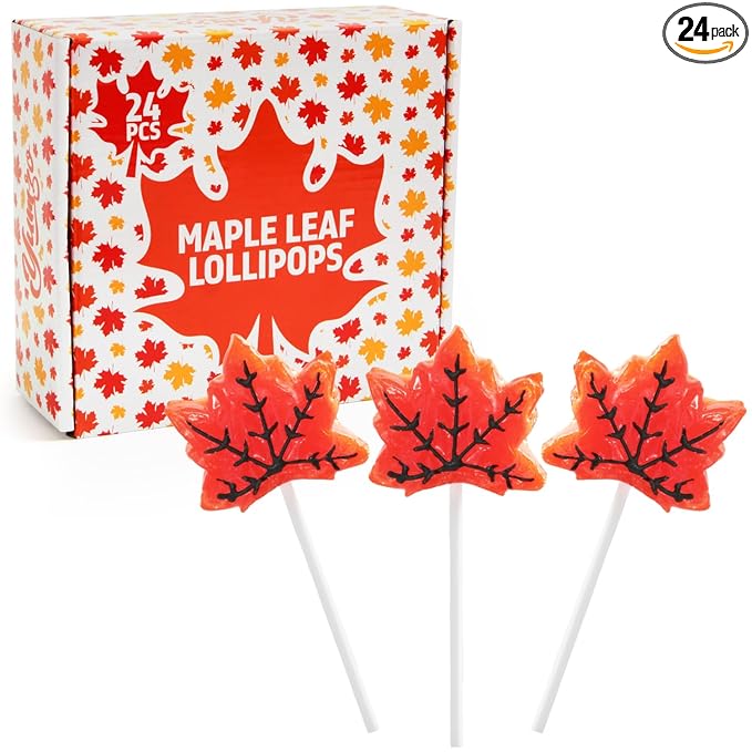 Maple Leaf Lollipops, 24 Pieces of Fall Candy Individually Wrapped, Perfect Fall Candy Favors for the Holidays, Autumn Parties, Cozy Fall Gatherings and Fall Celebrations