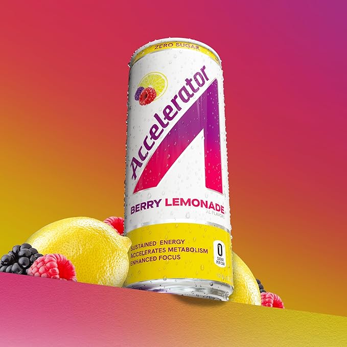 Accelerator Energy Drink, Berry Lemonade 12oz can (12 pack), Zero Sugar, Sustained Energy from 100% Natural Caffeine (200mg from Green Coffee Bean & Green Tea extract)