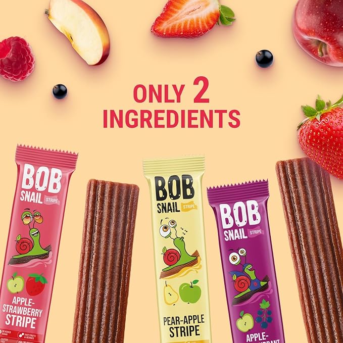 BOB SNAIL Healthy Fruit Snacks for Kids and Adults–30 Fruit Leather Snacks with Apple-Pear, Strawberry, Black Currant–Vegan Low-Carb Variety Pack Strips for Kids–Sugar Free Jerky Bars