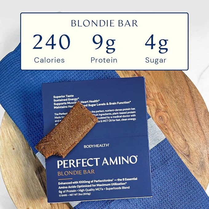 BodyHealth PerfectAmino Bar – Protein Energy Snack with 10g Protein, Plant-Based MCTs, Superfood Blend, Non-GMO, Gluten, Dairy & Soy Free (Blondie, 12 Pack)