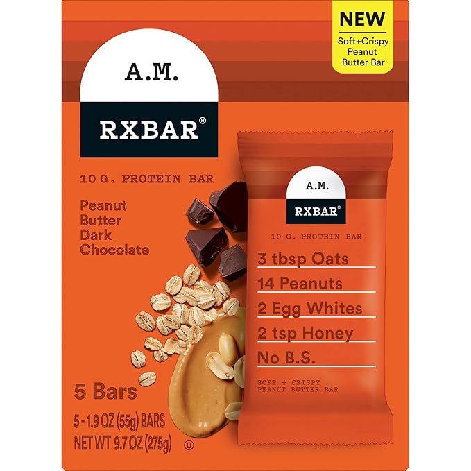 RXBAR A.M. Protein Bars, Gluten Free Snacks, Breakfast Snacks, Peanut Butter Dark Chocolate, 9.7oz Box (5 Bars) (Pack of 2)
