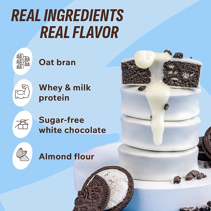 FitnesSHOCK Protein Brownie White Chocolate, No Added Sugar, 15%/7,5g Protein, 233kcal, Pre/Post Workout Snack - No Palm Oil, Filling dietary fibre, Soft Texture, 10x50g - Cookie cream flavour