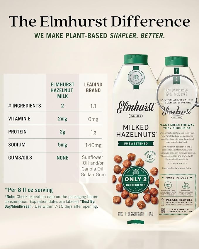 Elmhurst 1925 Unsweetened Hazelnut Milk - 32 Ounce (Pack of 6) Dairy-Free, Gluten-Free, Vegan, Kosher, Shelf Stable Milk Made with Water & Hazelnuts for Healthier, Simpler Plant-Based Alternatives