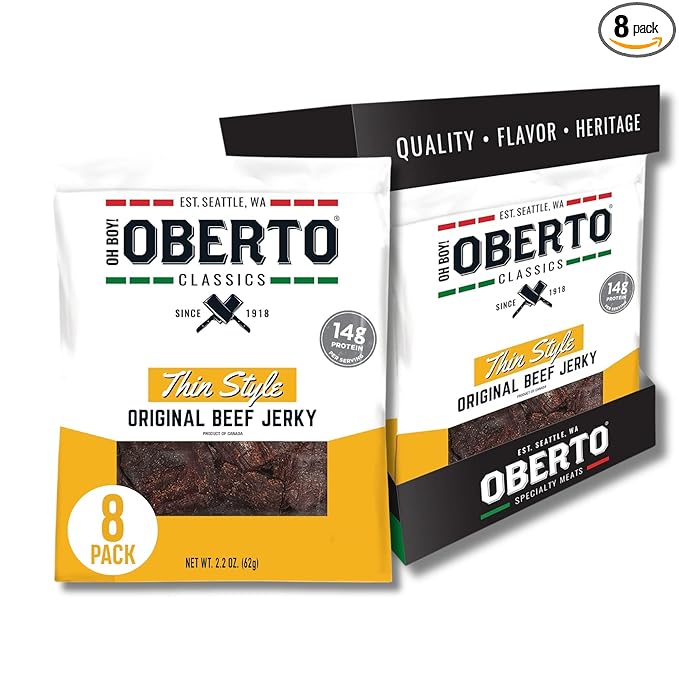 Oberto Classics Thin Style Beef Jerky, Original Flavor, No Artificial Ingredients, High Protein, Gluten Free, Wood Smoked, Premium Steak Beef Jerky High Protein Snacks, 2.2 Ounce (Pack of 8)