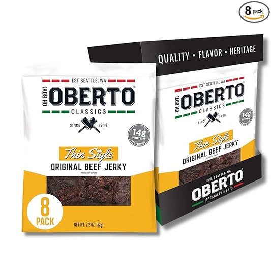 Oberto Classics Thin Style Beef Jerky, Original Flavor, No Artificial Ingredients, High Protein, Gluten Free, Wood Smoked, Premium Steak Beef Jerky High Protein Snacks, 2.2 Ounce (Pack of 8)