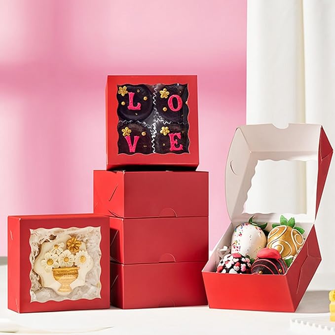JCXGRVC 100PCS 4x4x2 inches Classic Red Bakery Boxes with Window - Macaron Cookie Chocolate Truffle Strawberry & Mini Cake Gift Boxes for Parties Valentine's Birthdays Wedding Christmas Favors