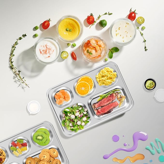 Stainless Steel Divided Plate for Kids Toddler, Non Toxic Portion Control Plate Dinner Plate with Lid for Adults Weight Loss, 4 Pack 5 Sections Rectangular Snack Plate Tray