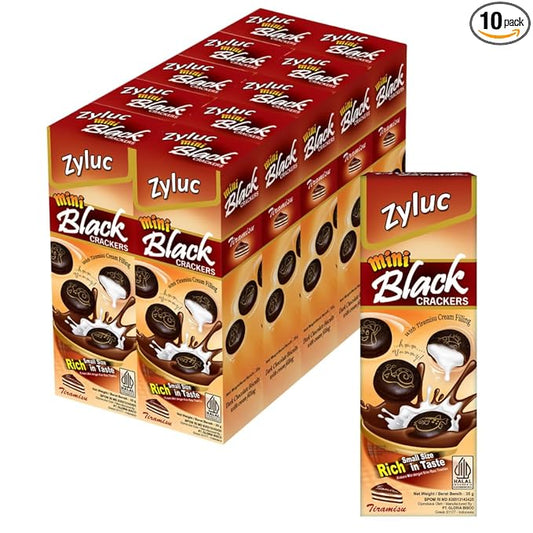 Zyluc Mini Black Crackers – Tiramisu Flavored Snack with Coffee Cocoa Blend – 35g Portable Pack – Light Crunch, Halal Certified, Made with Non-GMO Ingredients – Product of Indonesia – Pack of 10