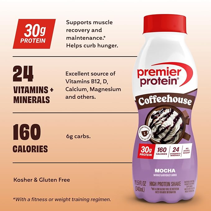 Premier Protein Shake COFFEEHOUSE, Mocha, 30g Protein, No Added Sugar, 24 Vitamins & Minerals to Support Immune Health, 11.5 fl oz, 12 Pack