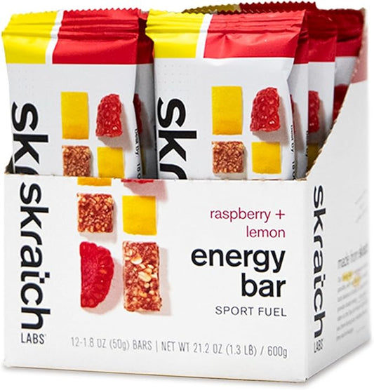 SKRATCH LABS Energy Bar | Raspberry + Lemon (12 pack) | Plant Based Healthy Snack | Low Sugar - 4g Protein | non-gmo, gluten free, soy free, vegan, kosher