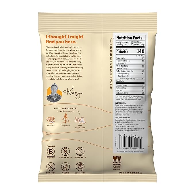 Quinn Snacks Peanut Butter Filled Pretzel Sticks - Gluten Free Snack, Salty & Crunchy, Made with Real Natural Ingredients, Peanuts, Sorghum, & Root Vegetables, Dairy Free, Vegan - 6.5 oz (Pack of 4)