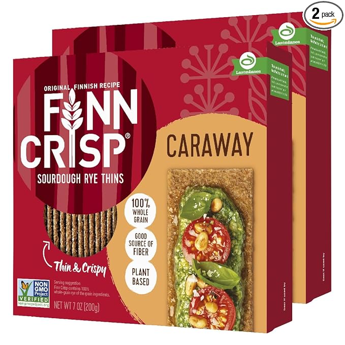 Finn Crisps Rye Crispbread with Caraway 7oz | Thin, Crispy Rye Flatbreads with Caraway | Multipack of Authentic Finnish Sourdough Crispbread by Finn Crisp [2 Boxes x 7oz]
