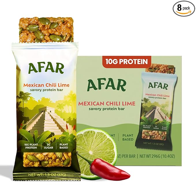 Afar Savory Protein Bars – Low Sugar, High Protein – Healthy Snacks for Adults – Meal Replacement Bar – Rice Crispy Texture – Vegan, Gluten Free (8 Bars, Mexican Chili Lime)