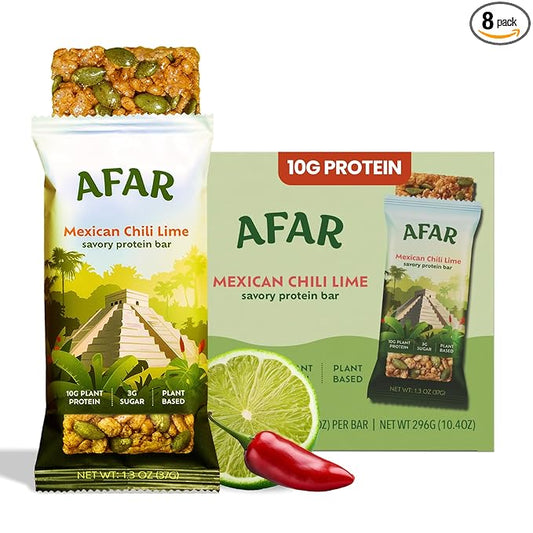 Afar Savory Protein Bars – Low Sugar, High Protein – Healthy Snacks for Adults – Meal Replacement Bar – Rice Crispy Texture – Vegan, Gluten Free (8 Bars, Mexican Chili Lime)
