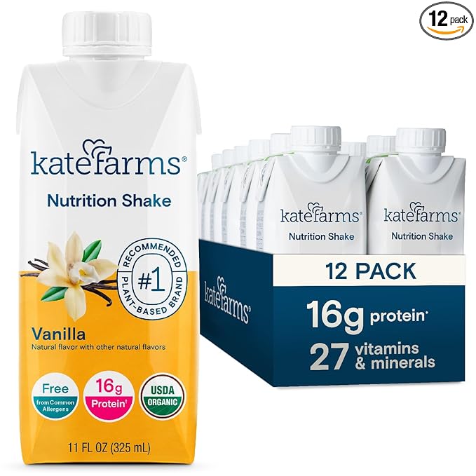 KATE FARMS Organic Nutrition Shake, Vanilla, 16g Protein, 27 Vitamins and Minerals, Protein Meal Replacement Drink & Shake, 11 oz (12 Pack)