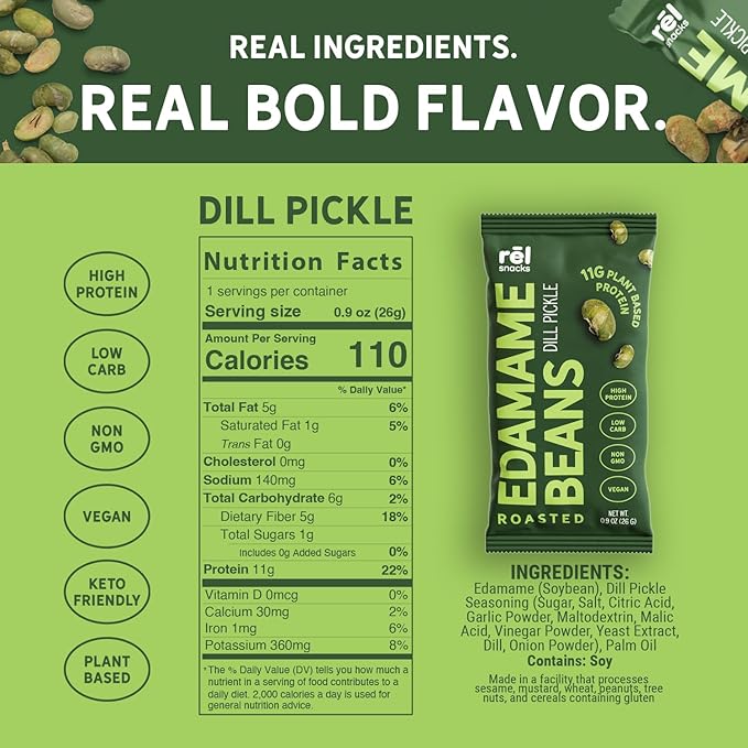 Rēl Snacks Dill Pickle Roasted Edamame – High Protein Low Carb Snack (11g Protein per Serving) – Keto-Friendly, Vegan, Non-GMO – 10-Pack 0.9oz Bags