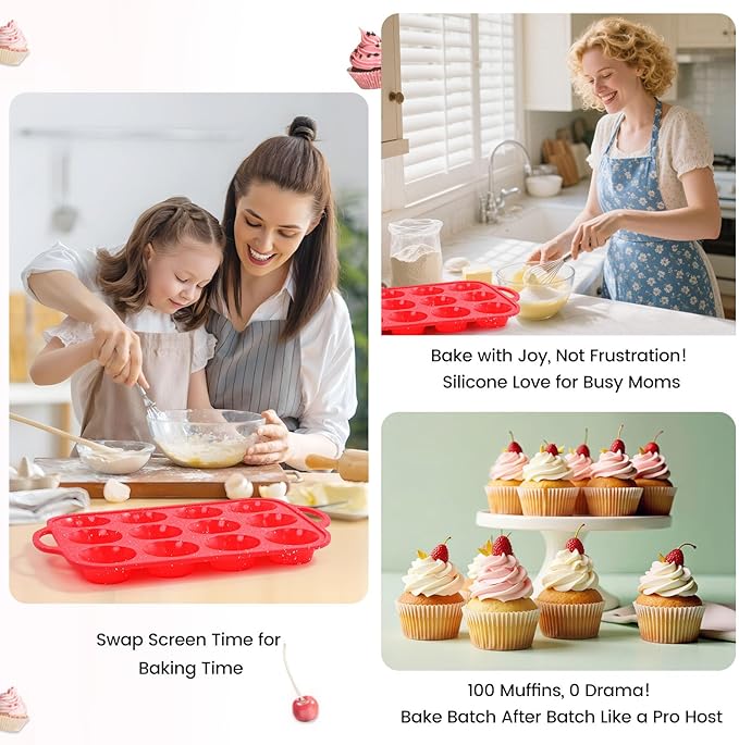 Fimary Silicone Muffin Pans for Baking, with Metal Reinforced Frame, Dishwasher Safe BPA Free Nonstick Silicone Cupcake Pan 12 Cups for Baking Homemade Muffins, Cupcakes - 2 Pack