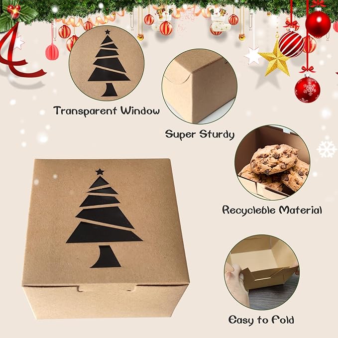 Gute 24 Pcs Christmas Kraft Cookie Boxes, Brown Christmas Treat Boxes with Window 4" x 4" x 2.5" Bakery Gift Warpping Box for Xmas Holiday Party Favor Pastries, Cupcakes, Cookies Donuts Gift-Giving