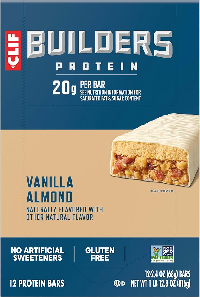 CLIF BUILDERS Protein Bars - Vanilla Almond Flavor - 20g Plant Based Protein - Gluten Free - Non-GMO - Low Glycemic - No Artificial Sweeteners - 2.4 oz. (12 Pack)