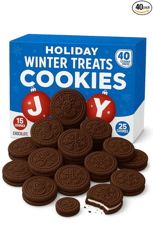 Winter Treats Cookie Variety Pack – 40 Count – Holiday Chocolate Sandwich Cookies with Red & White Creme – Festive Christmas Cookie Box for Kids, Parties, and Gifts