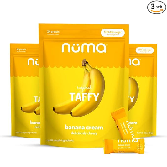 Numa Foods Banana Taffy Candy, Made with Real & Simple Ingredients Low Sugar, High Protein, Low Calorie, All Natural & Gluten Free Banana Cream Taffy - 3 Bags with 10 Individually Wrapped Chews Each