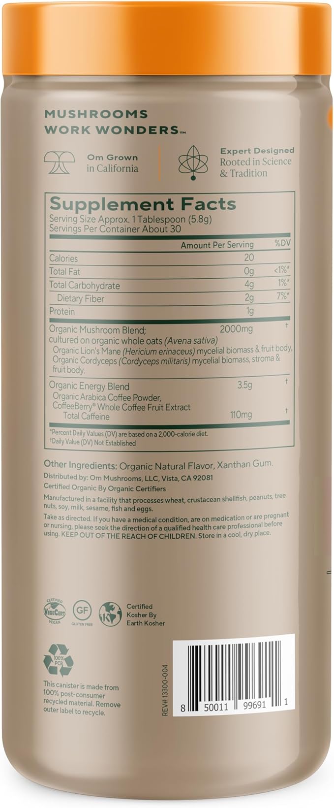 OM MUSHROOM SUPERFOOD Instant Coffee – Organic Arabica with Lion’s Mane, Cordyceps, Reishi, Turkey Tail & Ginkgo for Energy, Focus & Clarity – 6.24 oz Canister, 30 Servings