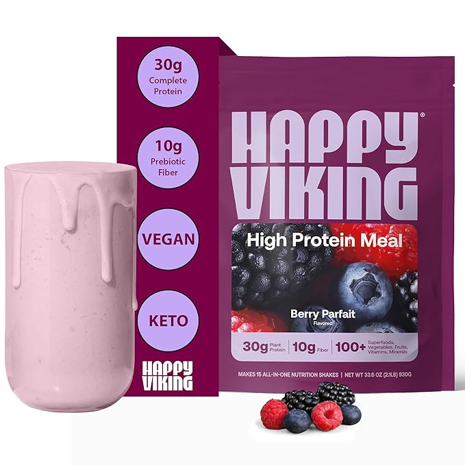 Happy Viking Berry Parfait Protein + Superfoods Powder, Created by Venus Williams, 30G Protein, Low Carb, Keto, Vegan, Gluten-Free, Non-GMO, Complete Meal Replacement, 1 Bag
