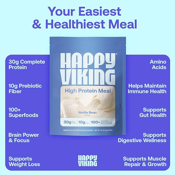 Happy Viking Vanilla Protein + Superfoods Powder, Created by Venus Williams, 30G Protein, Low Carb, Keto, Vegan, Gluten-Free, Non-GMO, Complete Meal Replacement, 1 Bag