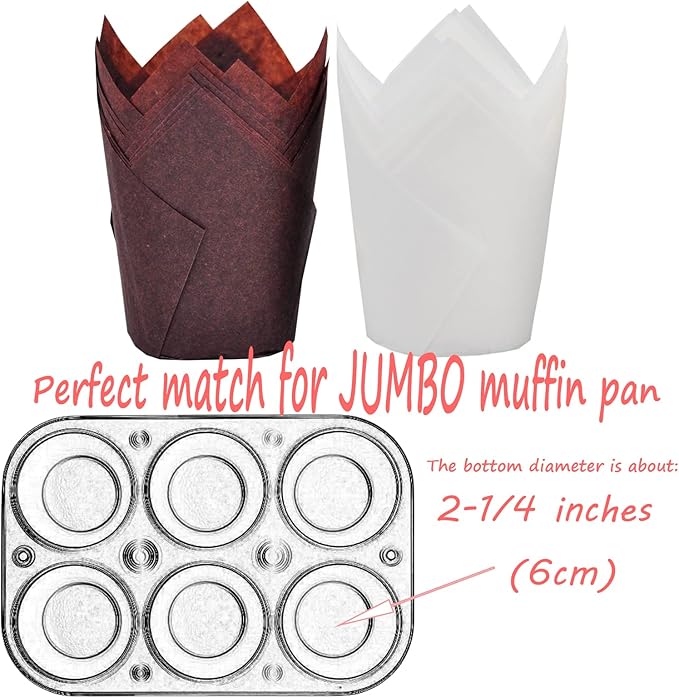 MyBakning Large size White+Brown Tulip Baking Cups 2-1/4"(Base diameter) x 4"(Wall height) Greaseproof paper baking cupcake Muffin liners, Case of 130 pcs