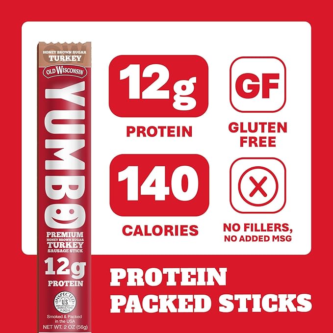 Old Wisconsin Yumbo Summer Sausage Snack Sticks, Ready to Eat, High Protein, Low Carb, Keto, Gluten Free, 20 Individually Wrapped 2oz Sticks, Honey Brown Sugar Turkey Flavor