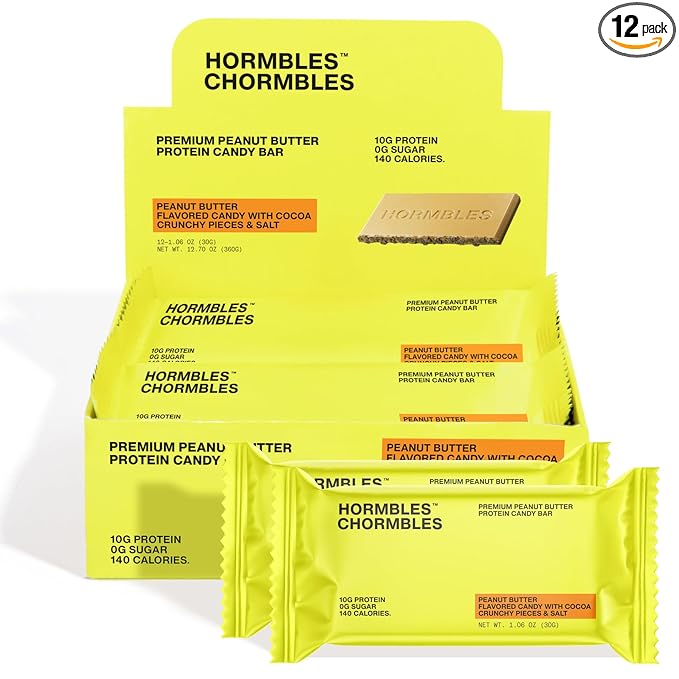 Hormbles Chormbles Protein Candy Bars, Peanut Butter, 10g Protein, 0g Sugar, 140 Calories, Peanut Butter Candy With Cocoa Crunchy Pieces, Sugar Free Snacks or Dessert, 1.06 Oz, 12 Pack