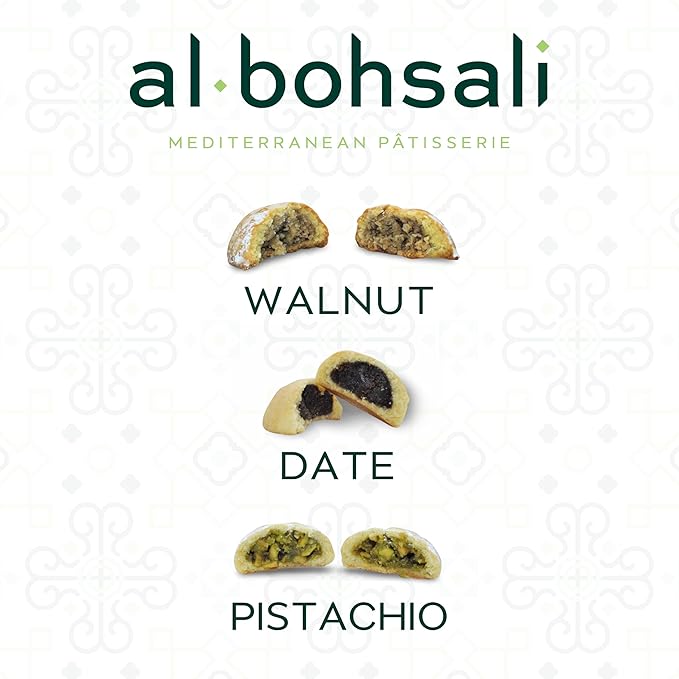 Al Bohsali Assorted Maamoul Cookies – Pistachio, Walnut & Date Filled Shortbread | 24-Piece Mediterranean Pastry Assortment